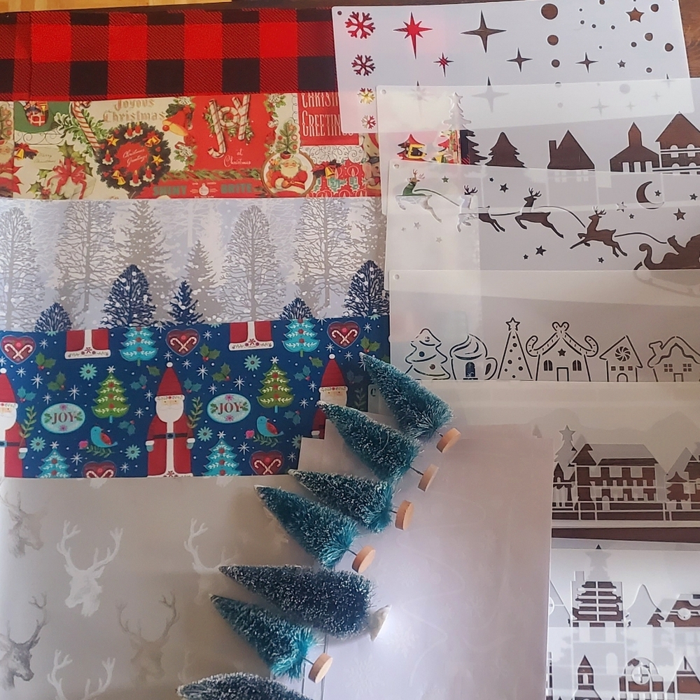 💥6/$25 Christmas Bundle Set Wrapping Paper Window Stickers Stencils Mini Trees
